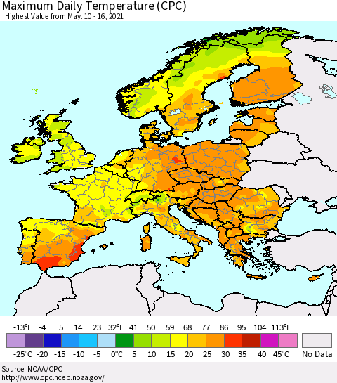 Europe Maximum Daily Temperature (CPC) Thematic Map For 5/10/2021 - 5/16/2021