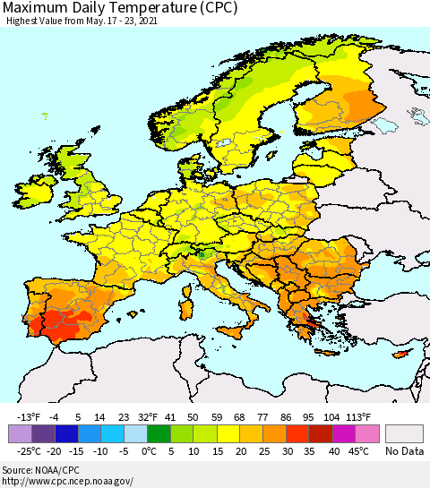 Europe Maximum Daily Temperature (CPC) Thematic Map For 5/17/2021 - 5/23/2021