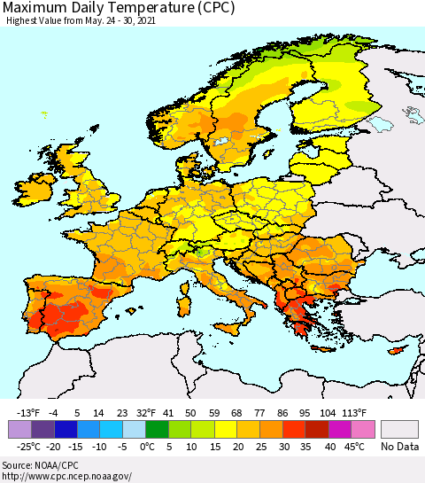 Europe Maximum Daily Temperature (CPC) Thematic Map For 5/24/2021 - 5/30/2021