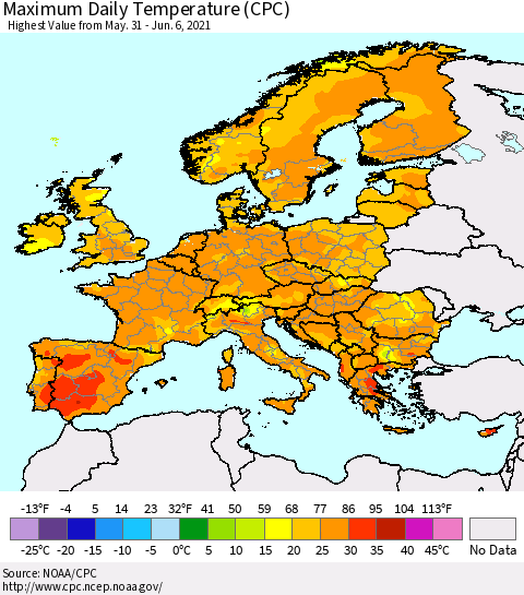 Europe Maximum Daily Temperature (CPC) Thematic Map For 5/31/2021 - 6/6/2021