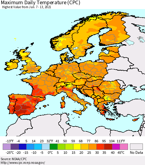 Europe Maximum Daily Temperature (CPC) Thematic Map For 6/7/2021 - 6/13/2021