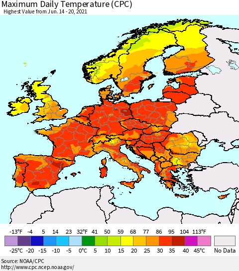 Europe Maximum Daily Temperature (CPC) Thematic Map For 6/14/2021 - 6/20/2021