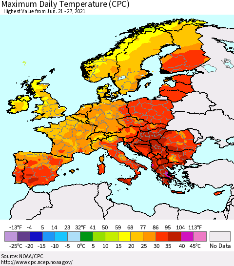 Europe Maximum Daily Temperature (CPC) Thematic Map For 6/21/2021 - 6/27/2021