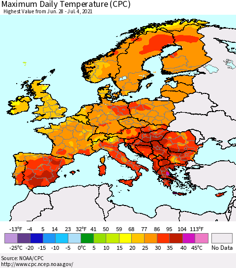 Europe Maximum Daily Temperature (CPC) Thematic Map For 6/28/2021 - 7/4/2021
