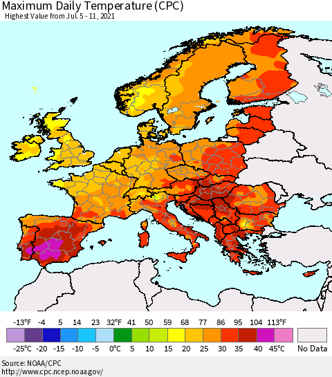 Europe Maximum Daily Temperature (CPC) Thematic Map For 7/5/2021 - 7/11/2021