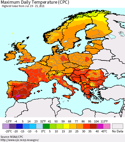 Europe Maximum Daily Temperature (CPC) Thematic Map For 7/19/2021 - 7/25/2021