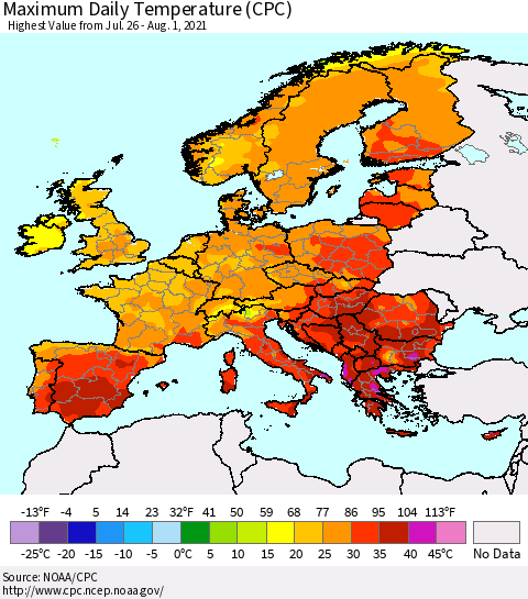 Europe Maximum Daily Temperature (CPC) Thematic Map For 7/26/2021 - 8/1/2021