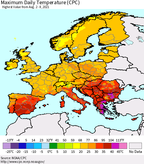 Europe Maximum Daily Temperature (CPC) Thematic Map For 8/2/2021 - 8/8/2021