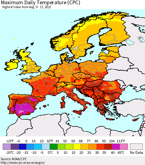 Europe Maximum Daily Temperature (CPC) Thematic Map For 8/9/2021 - 8/15/2021