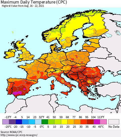 Europe Maximum Daily Temperature (CPC) Thematic Map For 8/16/2021 - 8/22/2021