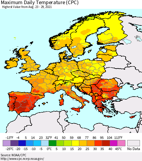 Europe Maximum Daily Temperature (CPC) Thematic Map For 8/23/2021 - 8/29/2021
