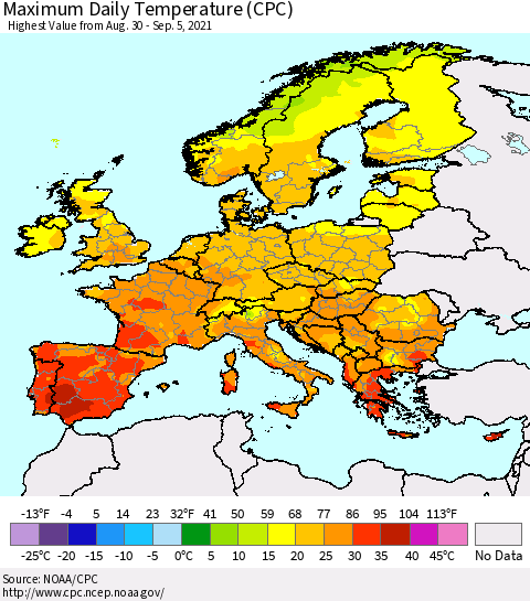 Europe Maximum Daily Temperature (CPC) Thematic Map For 8/30/2021 - 9/5/2021
