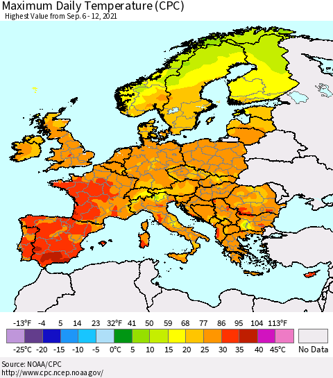 Europe Maximum Daily Temperature (CPC) Thematic Map For 9/6/2021 - 9/12/2021