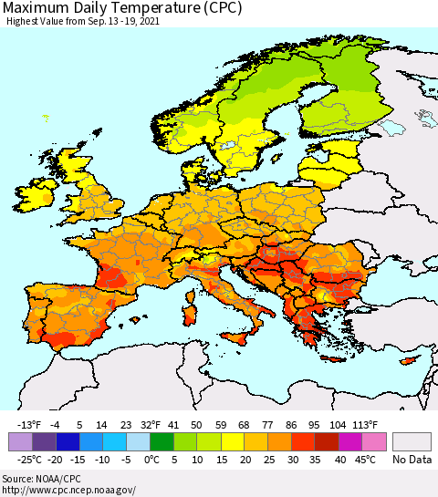 Europe Maximum Daily Temperature (CPC) Thematic Map For 9/13/2021 - 9/19/2021
