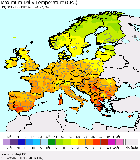 Europe Maximum Daily Temperature (CPC) Thematic Map For 9/20/2021 - 9/26/2021