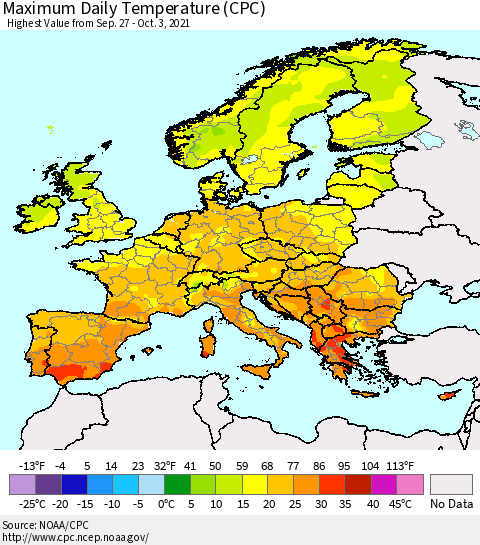 Europe Maximum Daily Temperature (CPC) Thematic Map For 9/27/2021 - 10/3/2021