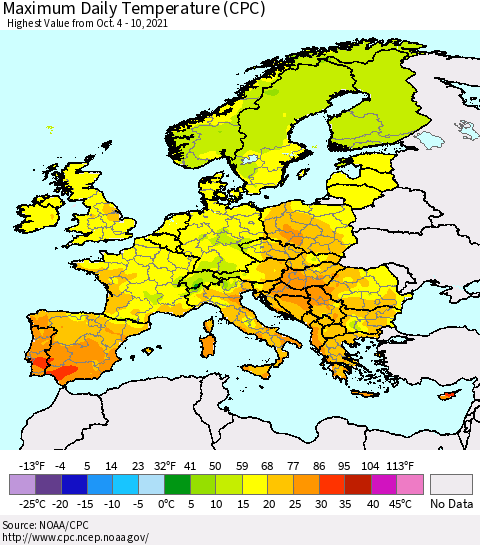 Europe Maximum Daily Temperature (CPC) Thematic Map For 10/4/2021 - 10/10/2021