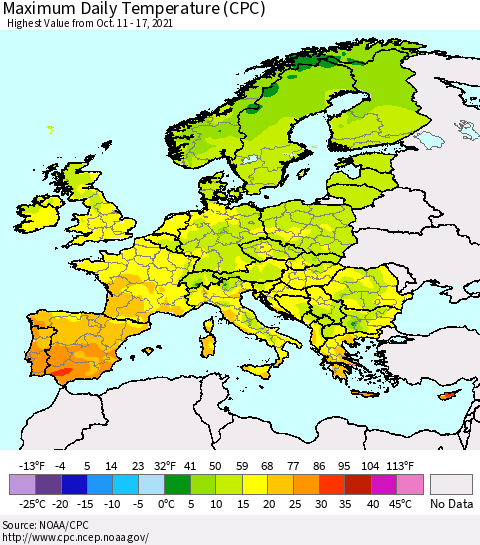 Europe Maximum Daily Temperature (CPC) Thematic Map For 10/11/2021 - 10/17/2021