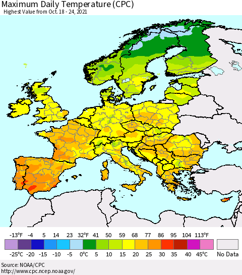 Europe Maximum Daily Temperature (CPC) Thematic Map For 10/18/2021 - 10/24/2021