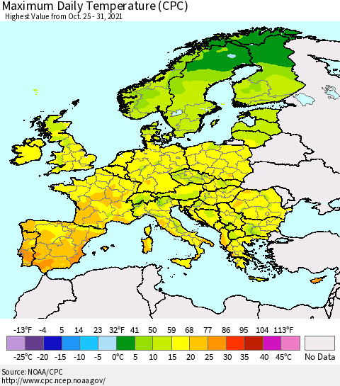 Europe Maximum Daily Temperature (CPC) Thematic Map For 10/25/2021 - 10/31/2021