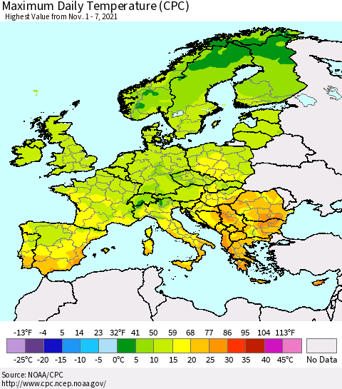 Europe Maximum Daily Temperature (CPC) Thematic Map For 11/1/2021 - 11/7/2021