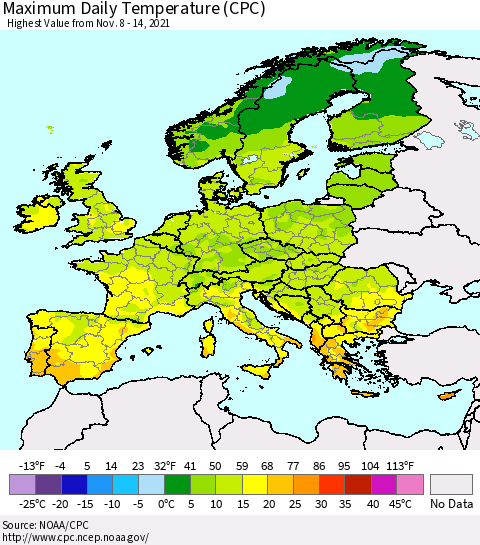 Europe Maximum Daily Temperature (CPC) Thematic Map For 11/8/2021 - 11/14/2021