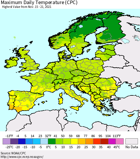 Europe Maximum Daily Temperature (CPC) Thematic Map For 11/15/2021 - 11/21/2021