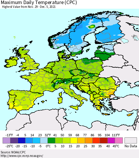 Europe Maximum Daily Temperature (CPC) Thematic Map For 11/29/2021 - 12/5/2021