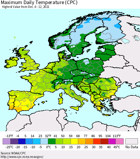 Europe Maximum Daily Temperature (CPC) Thematic Map For 12/6/2021 - 12/12/2021
