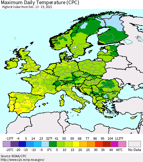 Europe Maximum Daily Temperature (CPC) Thematic Map For 12/13/2021 - 12/19/2021