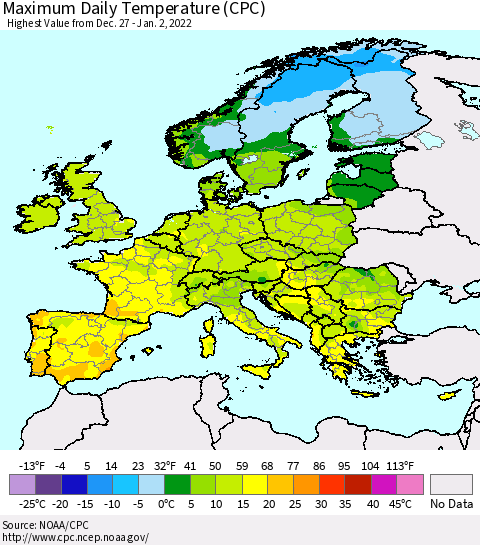 Europe Maximum Daily Temperature (CPC) Thematic Map For 12/27/2021 - 1/2/2022