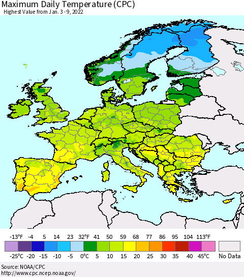 Europe Maximum Daily Temperature (CPC) Thematic Map For 1/3/2022 - 1/9/2022
