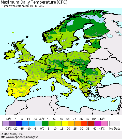 Europe Maximum Daily Temperature (CPC) Thematic Map For 1/10/2022 - 1/16/2022