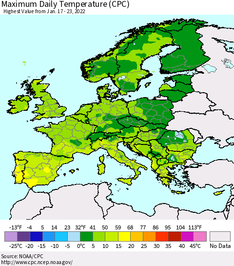 Europe Maximum Daily Temperature (CPC) Thematic Map For 1/17/2022 - 1/23/2022