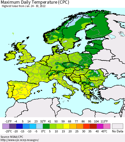 Europe Maximum Daily Temperature (CPC) Thematic Map For 1/24/2022 - 1/30/2022
