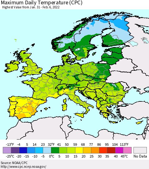 Europe Maximum Daily Temperature (CPC) Thematic Map For 1/31/2022 - 2/6/2022