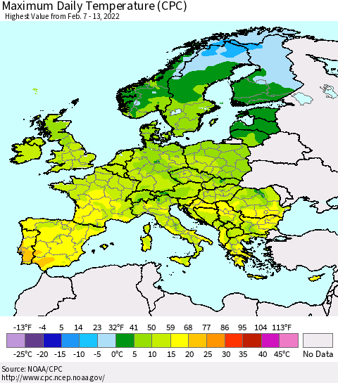 Europe Maximum Daily Temperature (CPC) Thematic Map For 2/7/2022 - 2/13/2022