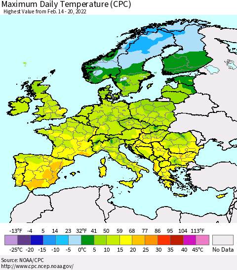 Europe Maximum Daily Temperature (CPC) Thematic Map For 2/14/2022 - 2/20/2022