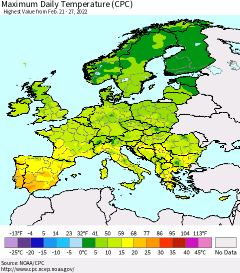 Europe Maximum Daily Temperature (CPC) Thematic Map For 2/21/2022 - 2/27/2022