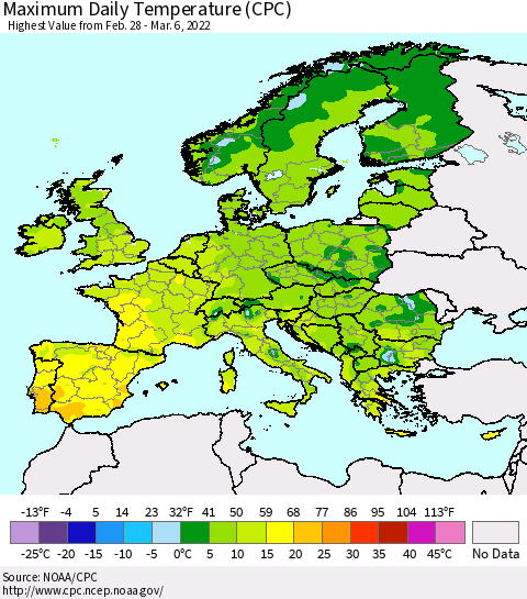 Europe Maximum Daily Temperature (CPC) Thematic Map For 2/28/2022 - 3/6/2022