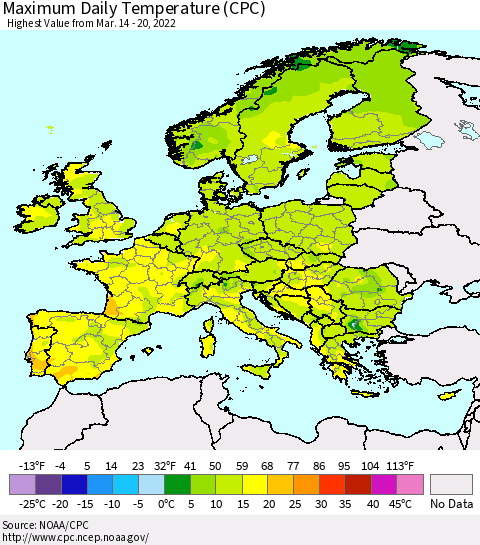 Europe Maximum Daily Temperature (CPC) Thematic Map For 3/14/2022 - 3/20/2022