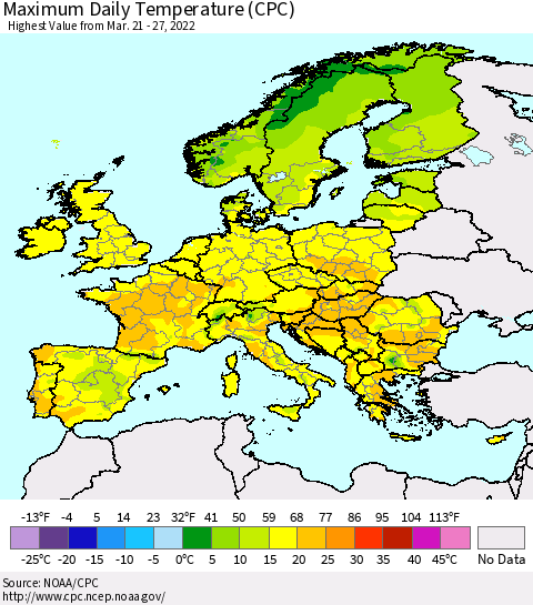 Europe Maximum Daily Temperature (CPC) Thematic Map For 3/21/2022 - 3/27/2022