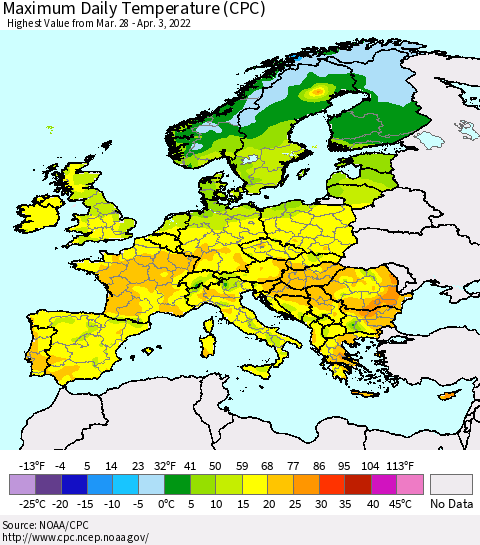 Europe Maximum Daily Temperature (CPC) Thematic Map For 3/28/2022 - 4/3/2022