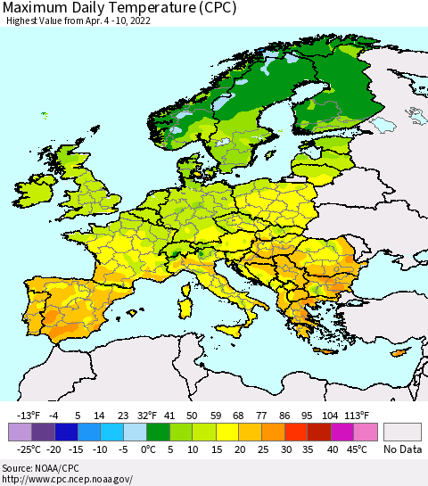 Europe Maximum Daily Temperature (CPC) Thematic Map For 4/4/2022 - 4/10/2022