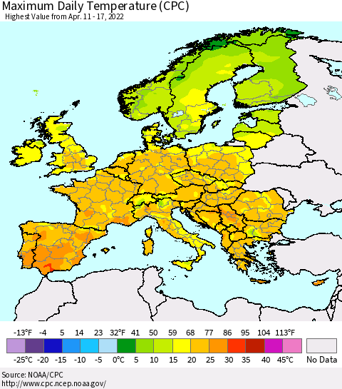 Europe Maximum Daily Temperature (CPC) Thematic Map For 4/11/2022 - 4/17/2022