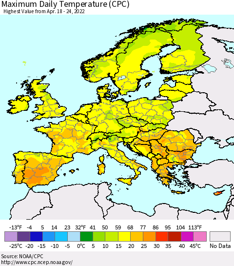 Europe Maximum Daily Temperature (CPC) Thematic Map For 4/18/2022 - 4/24/2022