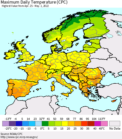 Europe Maximum Daily Temperature (CPC) Thematic Map For 4/25/2022 - 5/1/2022