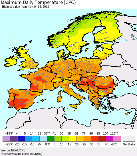 Europe Maximum Daily Temperature (CPC) Thematic Map For 5/9/2022 - 5/15/2022