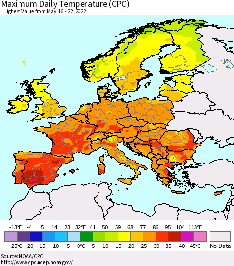 Europe Maximum Daily Temperature (CPC) Thematic Map For 5/16/2022 - 5/22/2022