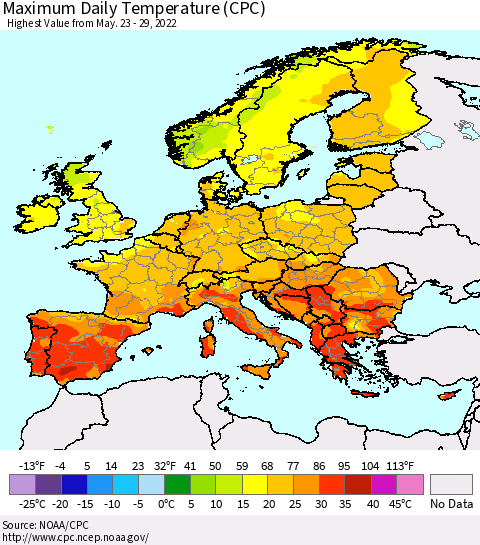 Europe Maximum Daily Temperature (CPC) Thematic Map For 5/23/2022 - 5/29/2022